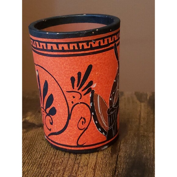 Greek Pottery Cup Vase Small Handmade Greece Warriors Painted - Picture 5 of 9